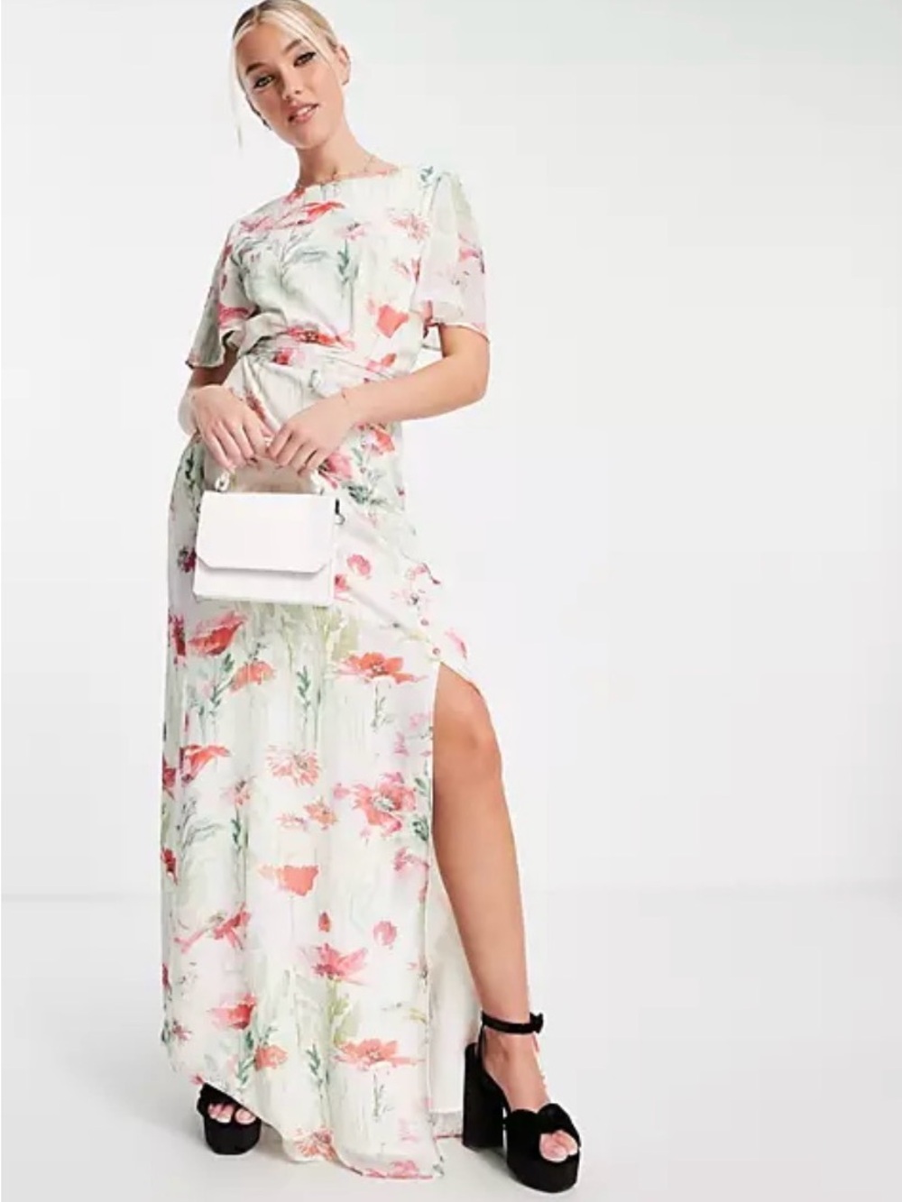 Floral Side-Slit Maxi Dress in White and Pink